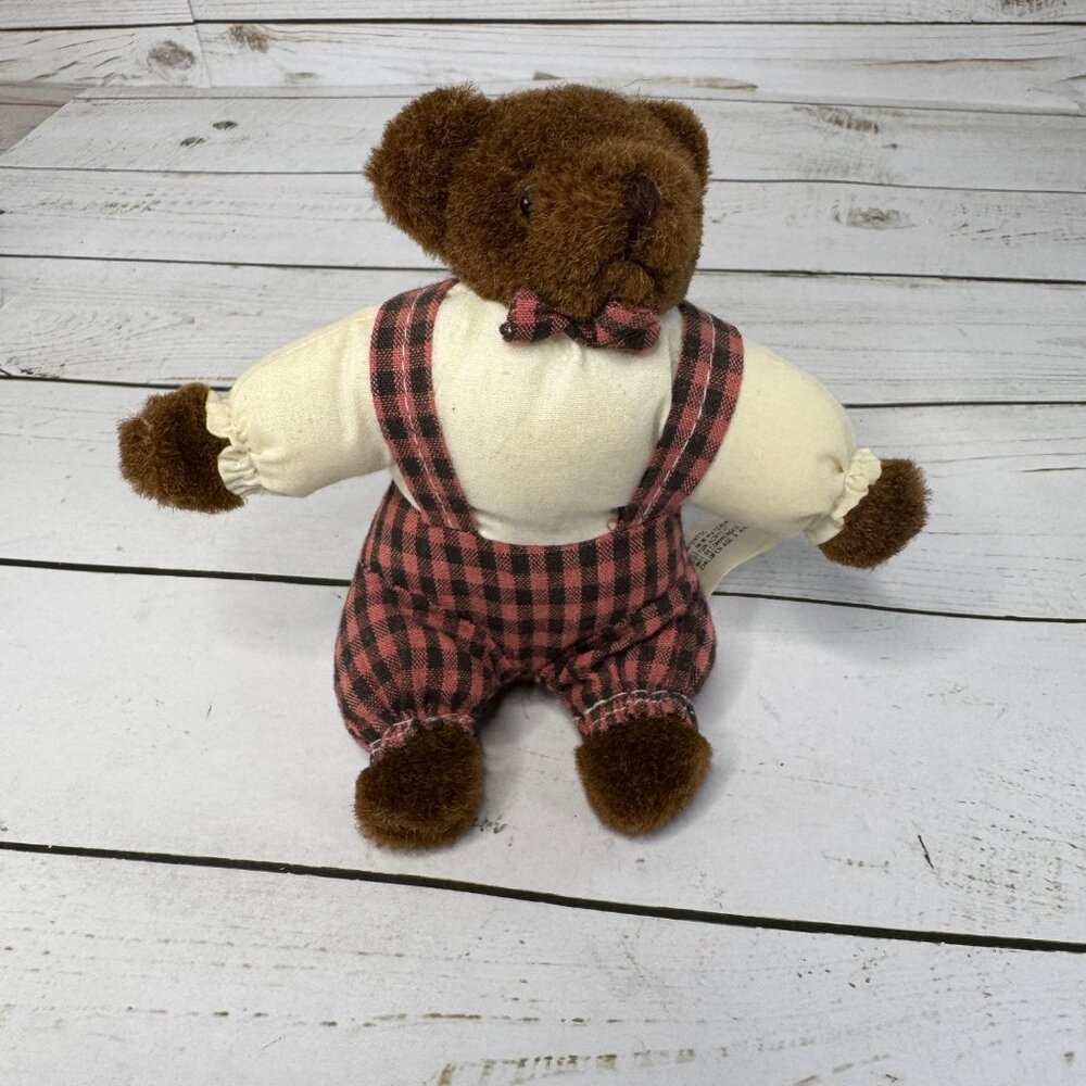 Vintage Kel-Toy 6" Plush Bear Brown Check Overalls Bowtie Stuffed Animal Toy‎